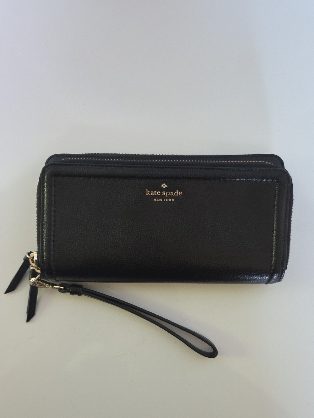 kate spade Black Pebbled Leather Wristlet with Gold Logo